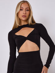 Cut Out Knot Front Long Sleeve Slinky Dress