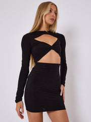 Cut Out Knot Front Long Sleeve Slinky Dress