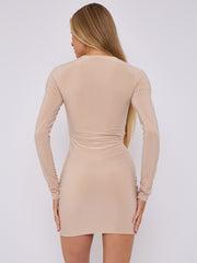 Cut Out Knot Front Long Sleeve Slinky Dress