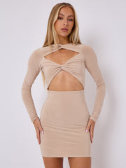 Cut Out Knot Front Long Sleeve Slinky Dress