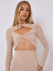 Cut Out Knot Front Long Sleeve Slinky Dress
