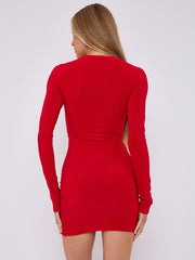 Cut Out Knot Front Long Sleeve Slinky Dress