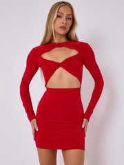 Cut Out Knot Front Long Sleeve Slinky Dress