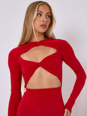 Cut Out Knot Front Long Sleeve Slinky Dress