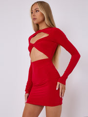 Cut Out Knot Front Long Sleeve Slinky Dress