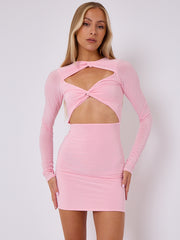 Cut Out Knot Front Long Sleeve Slinky Dress