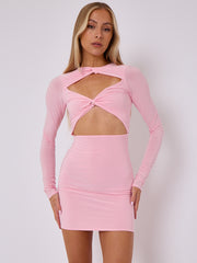 Cut Out Knot Front Long Sleeve Slinky Dress
