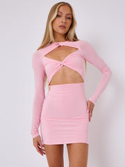 Cut Out Knot Front Long Sleeve Slinky Dress