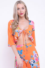 Floral Print Tie Knot Frill Crop Top