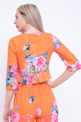 Floral Print Tie Knot Frill Crop Top