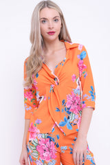 Wrap Twist Front Floral Print Top