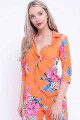 Wrap Twist Front Floral Print Top