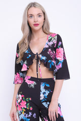 Floral Print Tie Knot Frill Crop Top