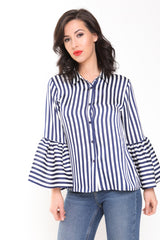Black And White Stripe Bell Sleeve Satin Blouse