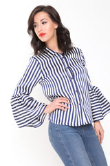 Black And White Stripe Bell Sleeve Satin Blouse