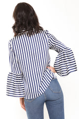 Black And White Stripe Bell Sleeve Satin Blouse