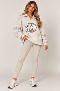 NYC Quarter Zip Sweatshirt & Ribbed Leggings Co-Ord Set - Oatmeal