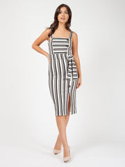 Striped Button Detail Belted Midi Dress