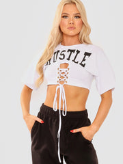 Hustle Graphic Eyelet Crop Top