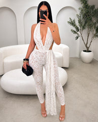 Lace Deep Plunge Halter Neckline Jumpsuit