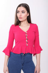 Button Up Peplum Top With Sleeves