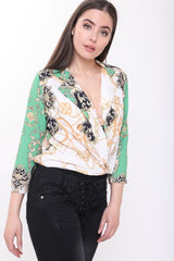 Scarf Print Wrap Front Bodysuit