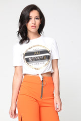 AU REVOIR Slogan Foil Print Crop Top