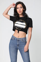 AU REVOIR Slogan Foil Print Crop Top
