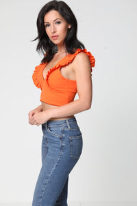 Ruched Frill Strap Plunge Crop Top - Orange