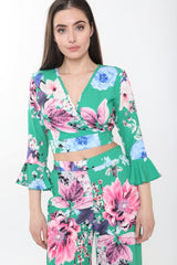 Bloemenprint wrap over stropdas achter crop top