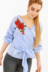Wrap Over Embroidered Tie Knot Blouse Top