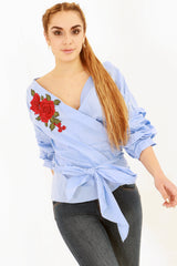 Wrap Over Embroidered Tie Knot Blouse Top