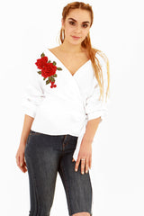 Wrap Over Embroidered Tie Knot Blouse Top