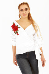 Wrap Over Embroidered Tie Knot Blouse Top