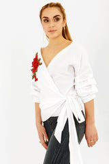 Wrap Over Embroidered Tie Knot Blouse Top