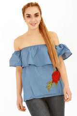 Floral Embroidered Frill Denim Bandeau Top