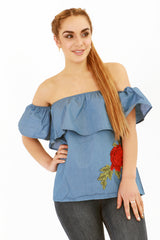 Floral Embroidered Frill Denim Bandeau Top