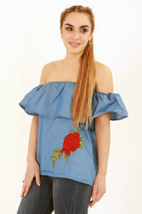 Floral Embroidered Frill Denim Bandeau Top