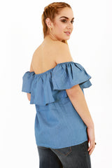 Floral Embroidered Frill Denim Bandeau Top