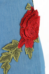 Floral Embroidered Frill Denim Bandeau Top