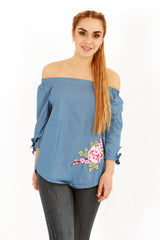 Floral Embroidered Denim Bardot Top