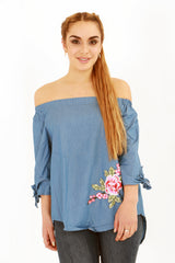 Floral Embroidered Denim Bardot Top