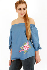 Floral Embroidered Denim Bardot Top