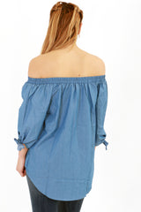 Floral Embroidered Denim Bardot Top