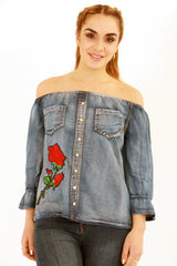 Florale gestickte Zigeuner -Denim Bardot Top
