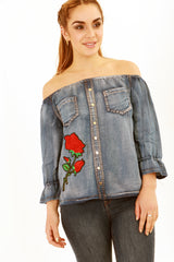 Florale gestickte Zigeuner -Denim Bardot Top