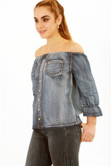 Florale gestickte Zigeuner -Denim Bardot Top