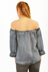 Florale gestickte Zigeuner -Denim Bardot Top