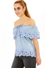 Häkelramm Schnürung Schnürung Denim Bardot Top