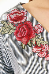 Gingham Check Wrap Over Embroidered Tie Knot Blouse Top